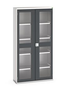 verso window door cupboard with 4 shelves. WxDxH: 1050x350x2000mm. RAL 7035/5010 or selected Verso Glazed Clear View Storage Cupboards for Tools with Shelves